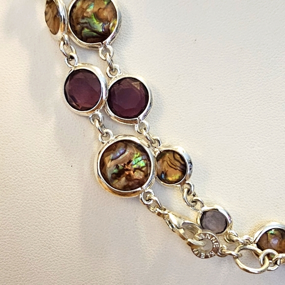 Anne Klein MultiColor SilverTone Bezel Station Link Abalone Purple Blue Necklace - Picture 6 of 8
